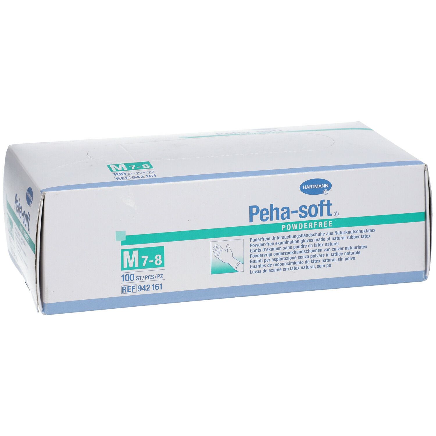 Bovenaanzicht van de verpakking van Peha-soft® powderfree handschoenen, maat M 7-8. 100 stuks.