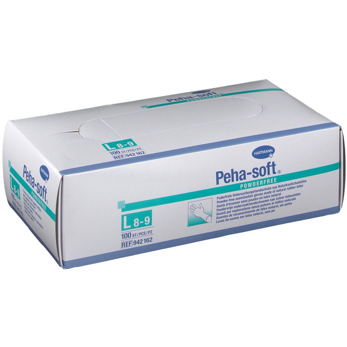 Boîte blanche Peha-soft. Taille L 8-9, 100 pièces. Gants d'examen sans poudre en latex.