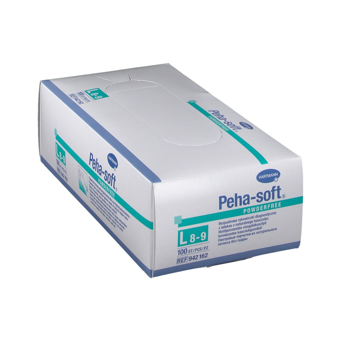 Boîte blanche Peha-soft. Taille L 8-9, 100 pièces. Gants d'examen sans poudre en latex.