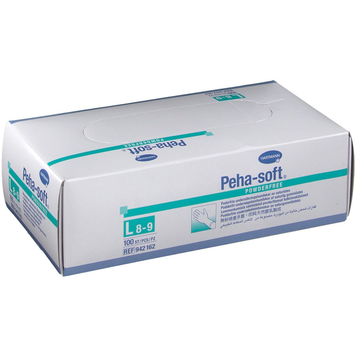 Boîte blanche Peha-soft. Taille L 8-9, 100 pièces. Gants d'examen sans poudre en latex.