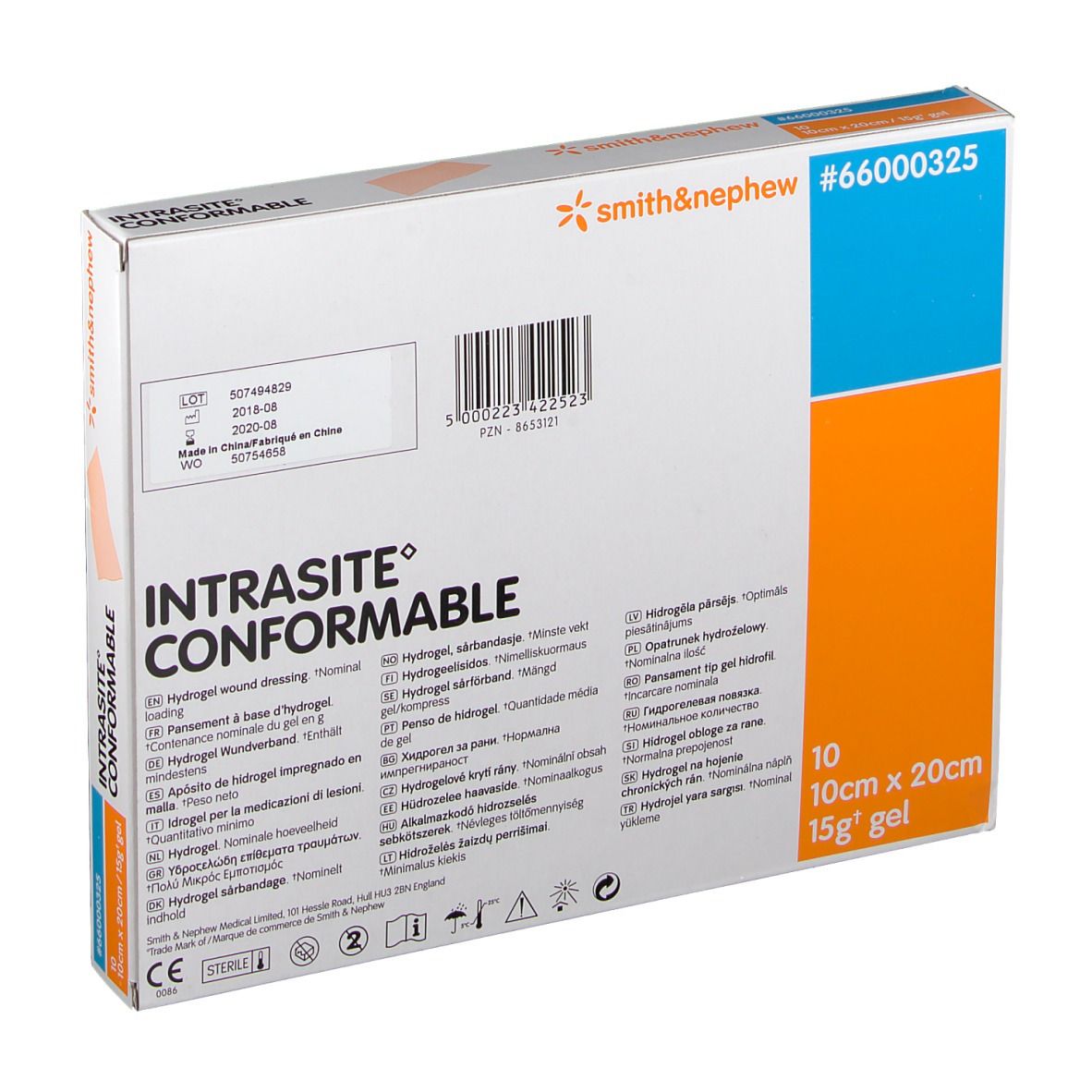 Dos de l'emballage INTRASITE Conformable. Texte multilingue. Smith & Nephew.