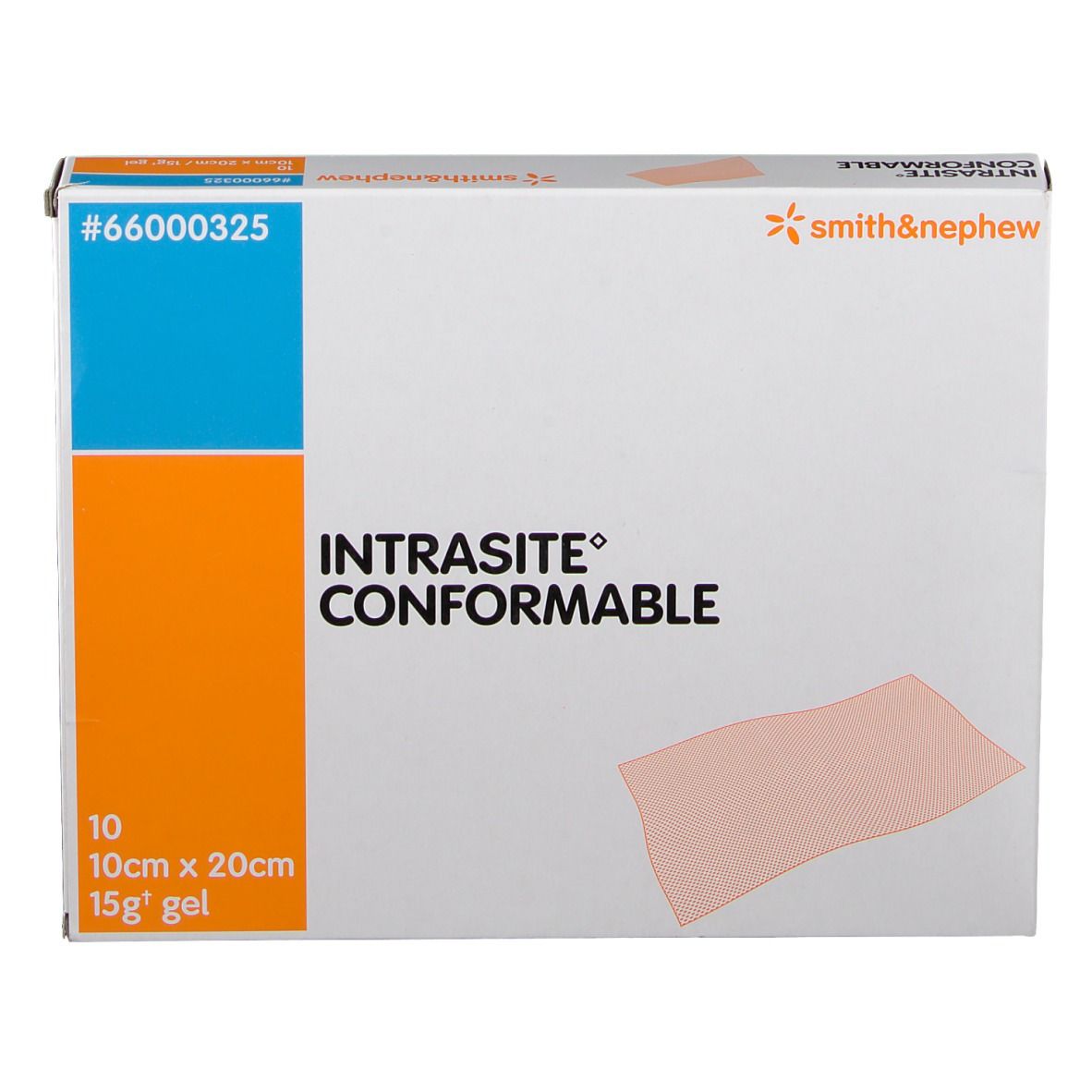 Emballage INTRASITE Conformable. Orange, bleu et blanc. 10 pièces, 10cm x 20cm. Smith & Nephew.