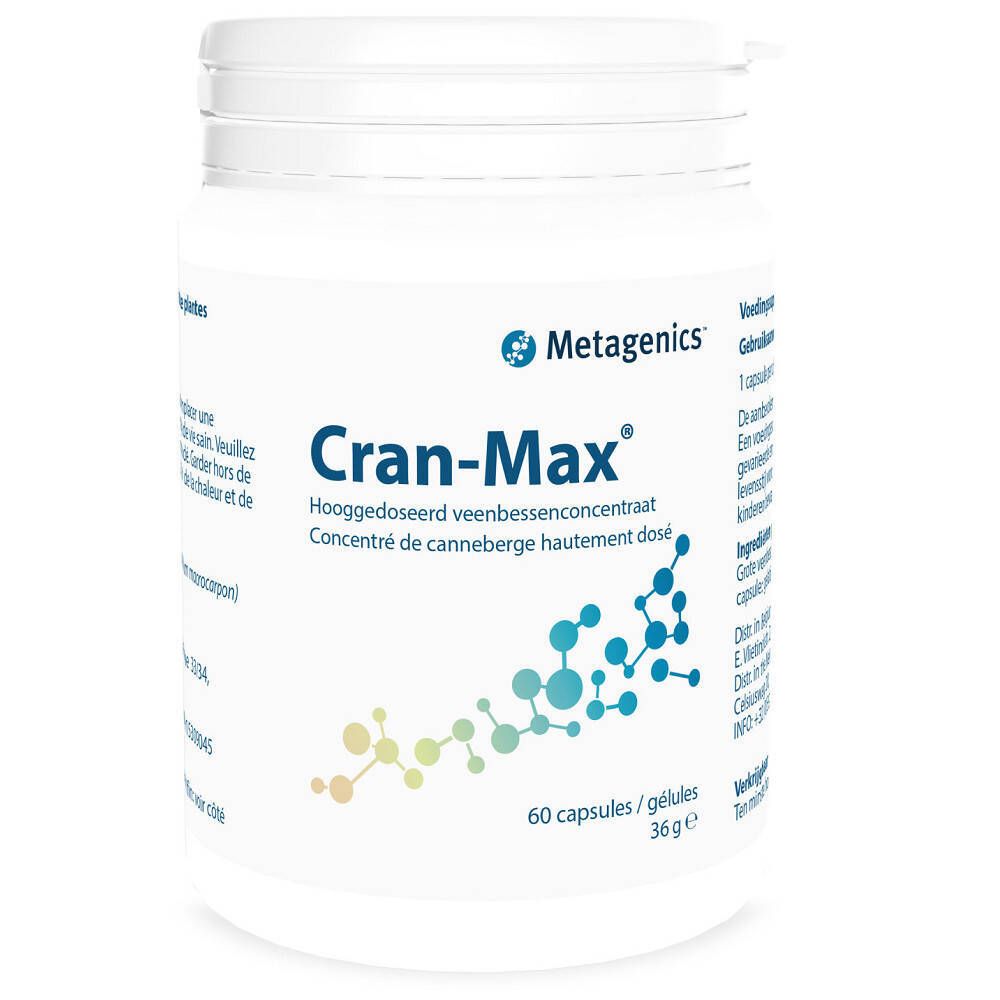 Flacon blanc avec inscription Cran-Max. Contient 60 gélules. Marque Metagenics.