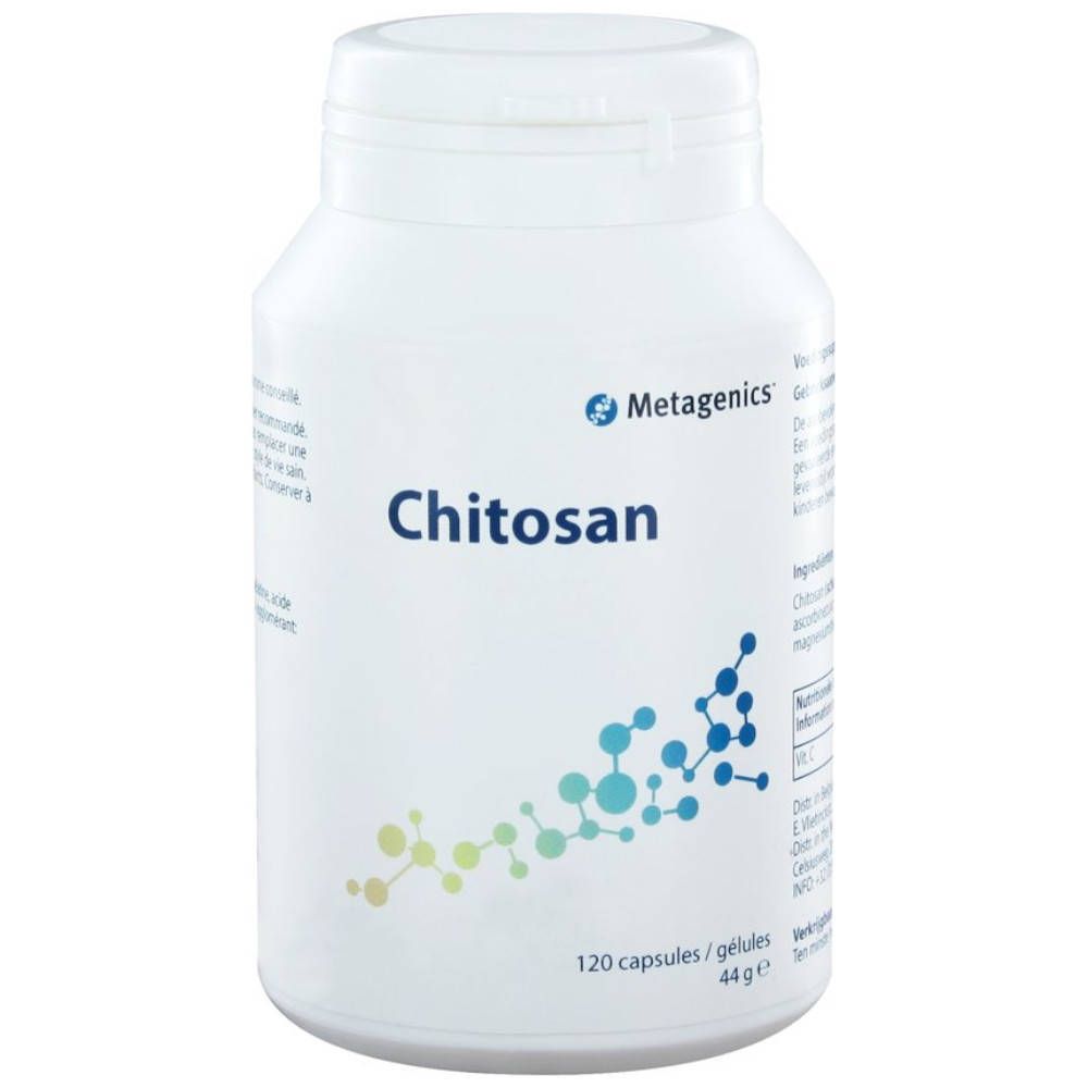 Flacon blanc "Chitosan". 120 gélules. Marque Metagenics. Graphique bleu et jaune.