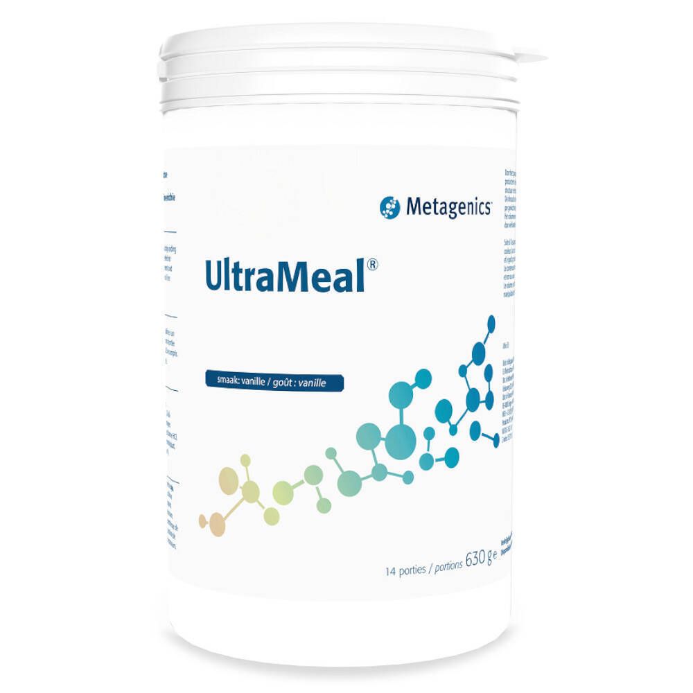 Witte pot met deksel. Opschrift UltraMeal Vanille, logo Metagenics. Inhoud 630g.