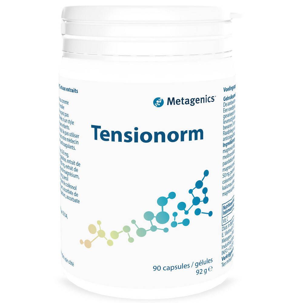 Flacone bianco 'Tensionorm' e 'Metagenics'. Contiene 90 capsule. Sfondo blu astratto.