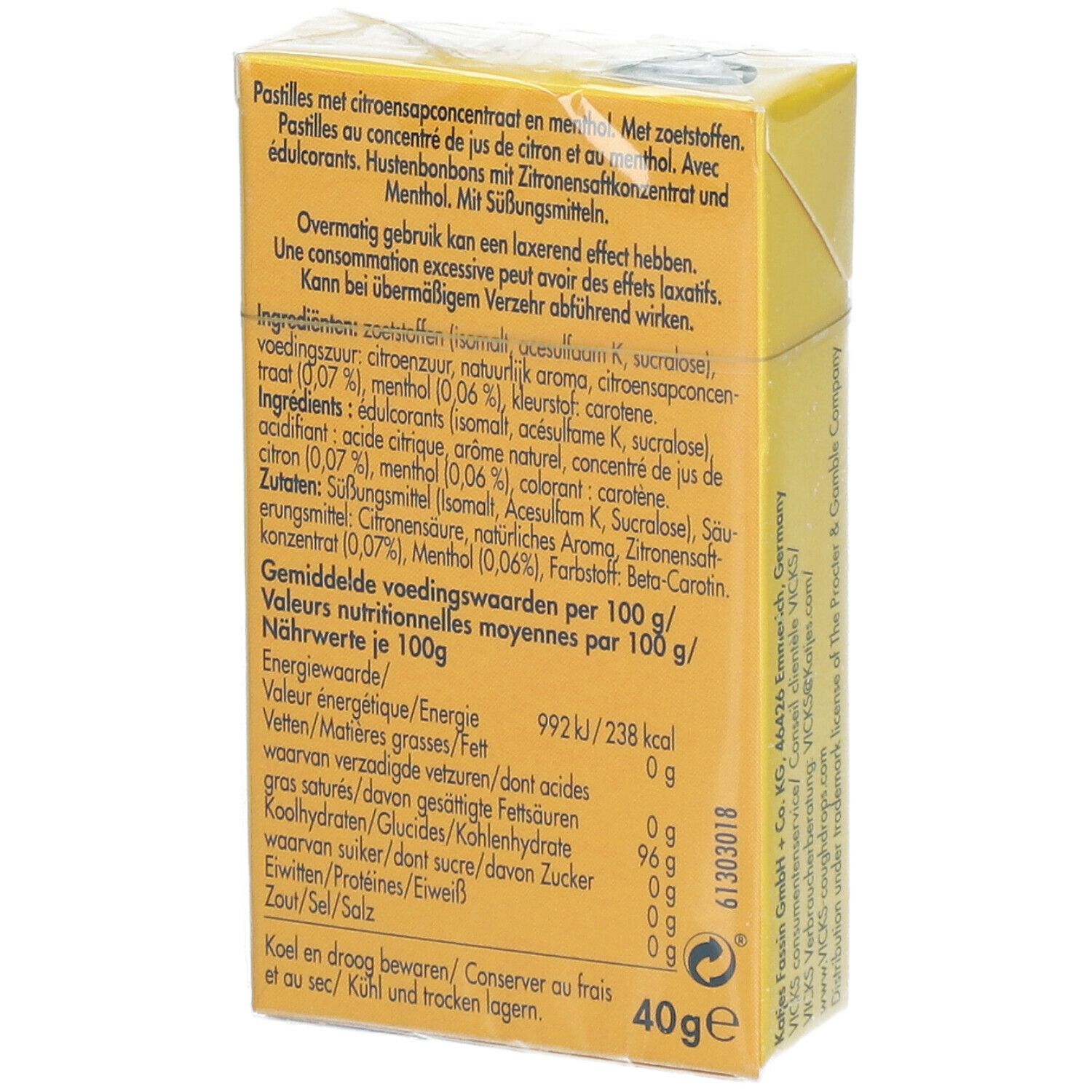 Dos de la boîte jaune Vicks Naturplus Fruit. Texte multilingue. Informations nutritionnelles. 40g. En film.