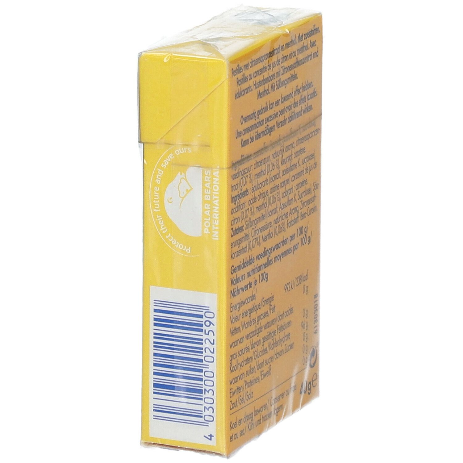 Côté de la boîte jaune Vicks Naturplus Fruit. Texte, code-barres. En film. Logo Polar Bears International.