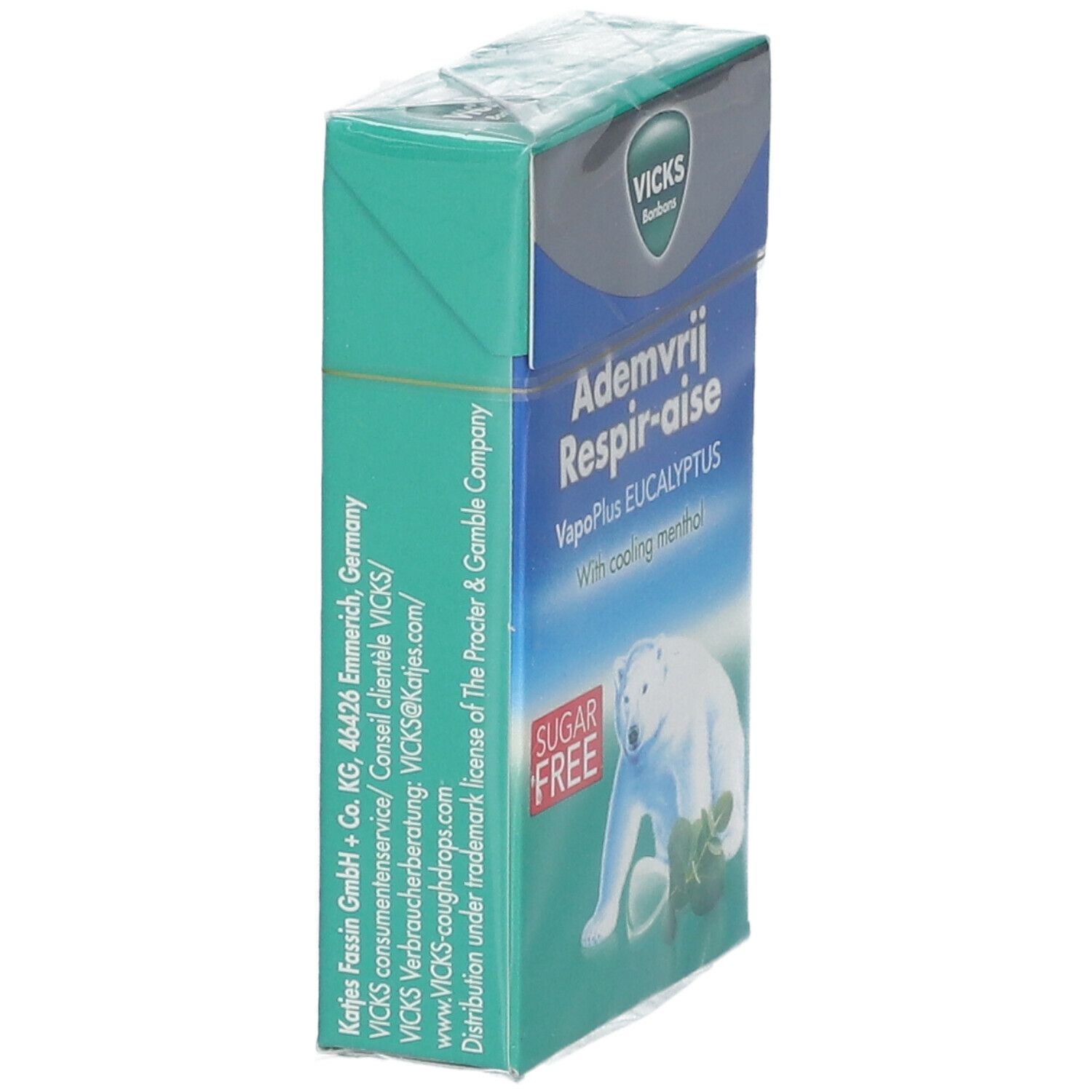 Verpakking Vicks snoepjes. Opschrift: Ademvrij Respir-aise, VapoPlus EUCALYPTUS. Groen-witte verpakking. IJsbeer illustratie.