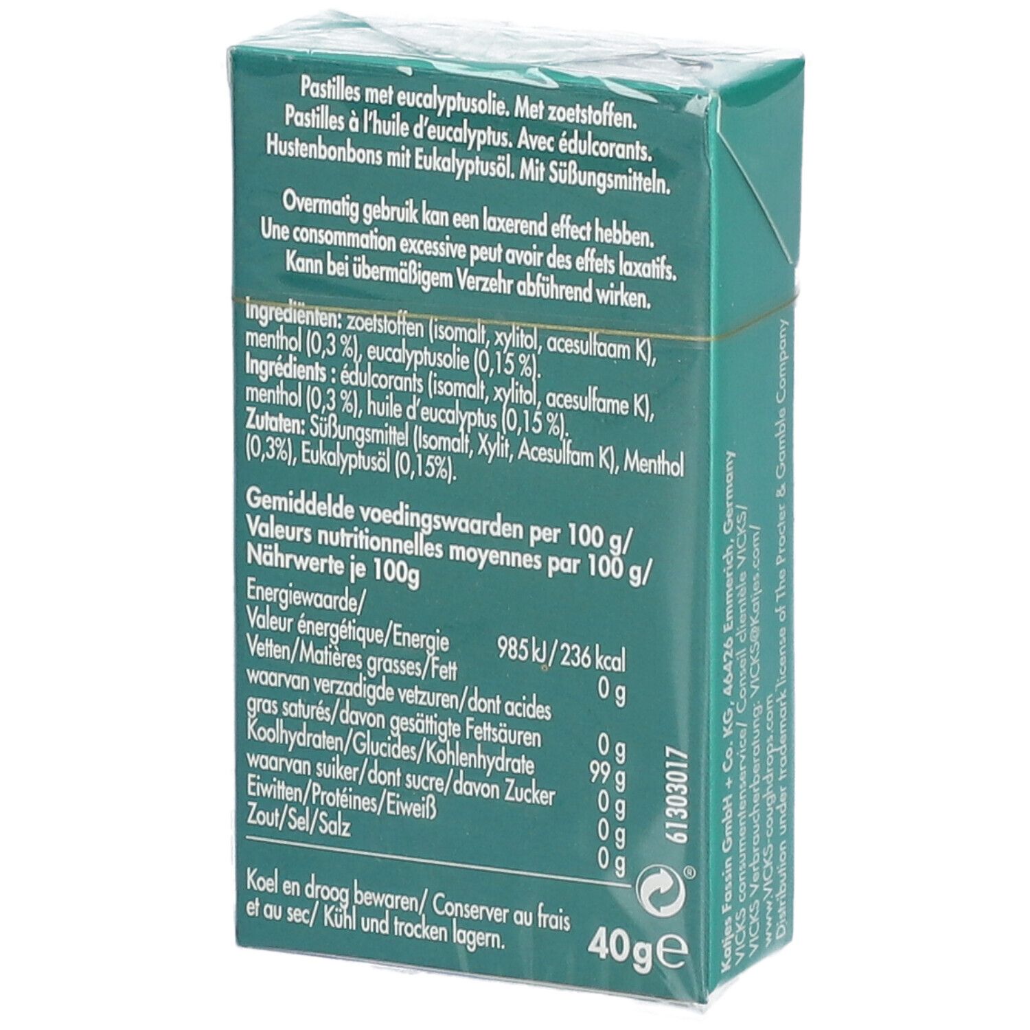 Achterkant Vicks snoepjes verpakking. Tekst in Duits, Frans, Nederlands. Ingrediëntenlijst, voedingswaarde, 40g.