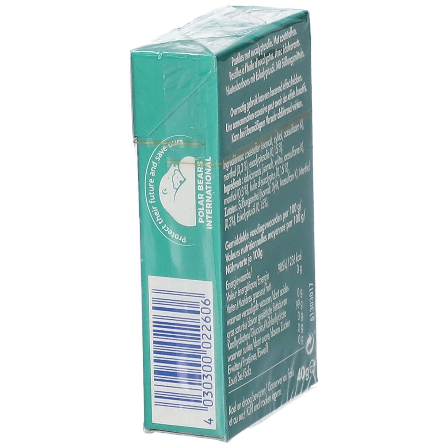 Zijkant Vicks snoepjes verpakking. Tekst: Polar Bears International. Barcode. Groen-witte verpakking.