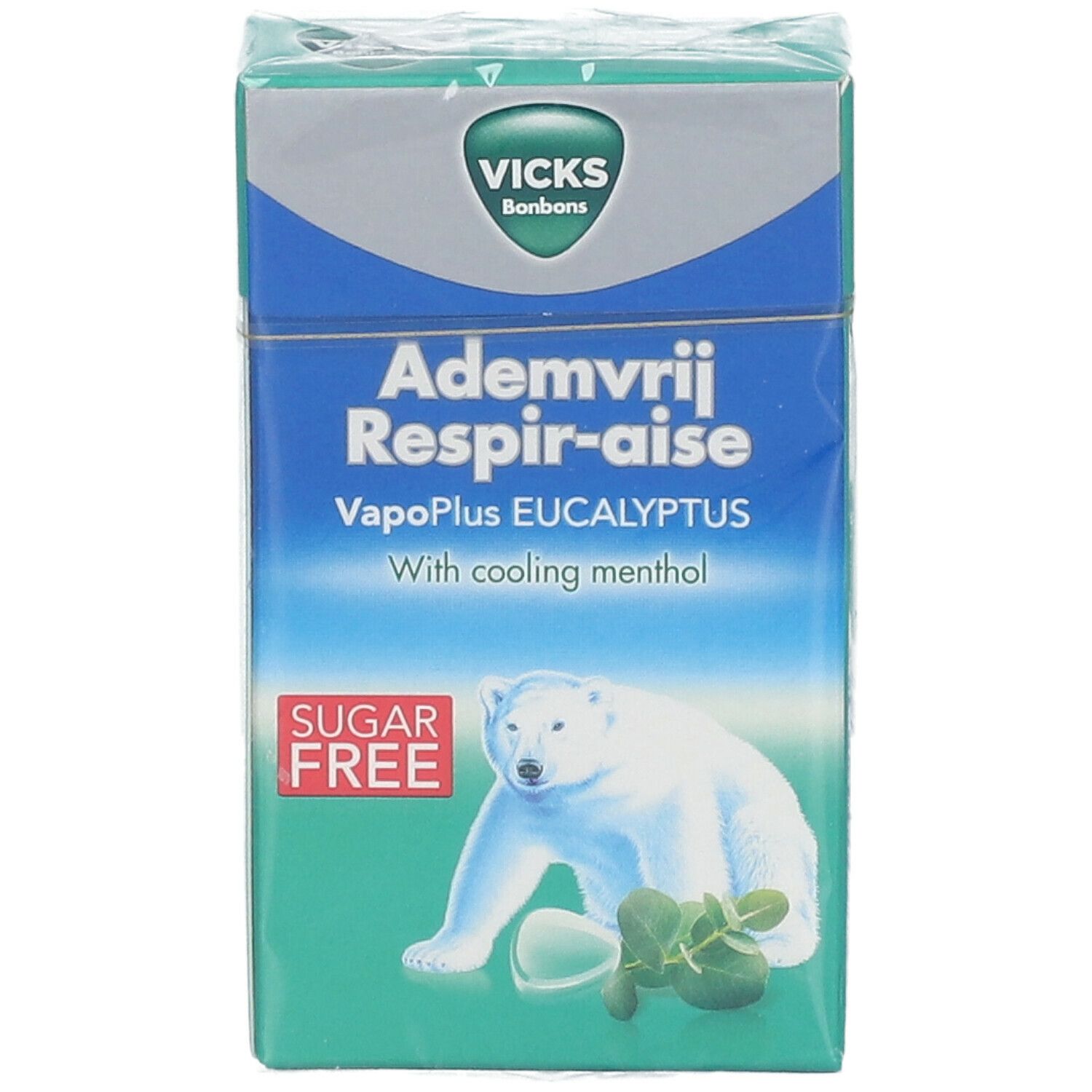 Verpakking Vicks snoepjes. Opschrift: Ademvrij Respir-aise, VapoPlus EUCALYPTUS, suikervrij. Illustratie ijsbeer.