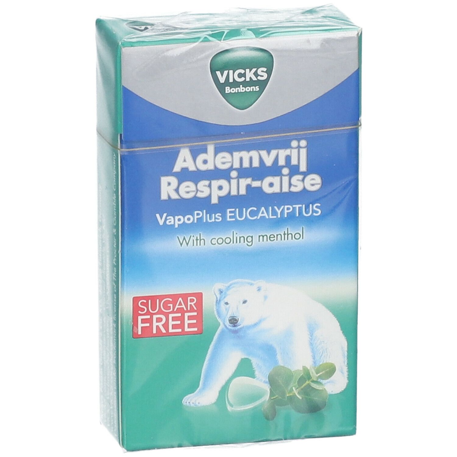 Verpakking Vicks snoepjes. Opschrift: Ademvrij Respir-aise, VapoPlus EUCALYPTUS, suikervrij. Illustratie ijsbeer.