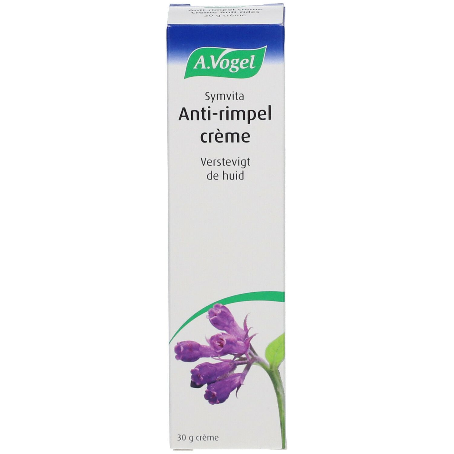 Emballage de la crème anti-rides A.Vogel Symvita. Boîte blanche avec logo, nom du produit et motif floral.