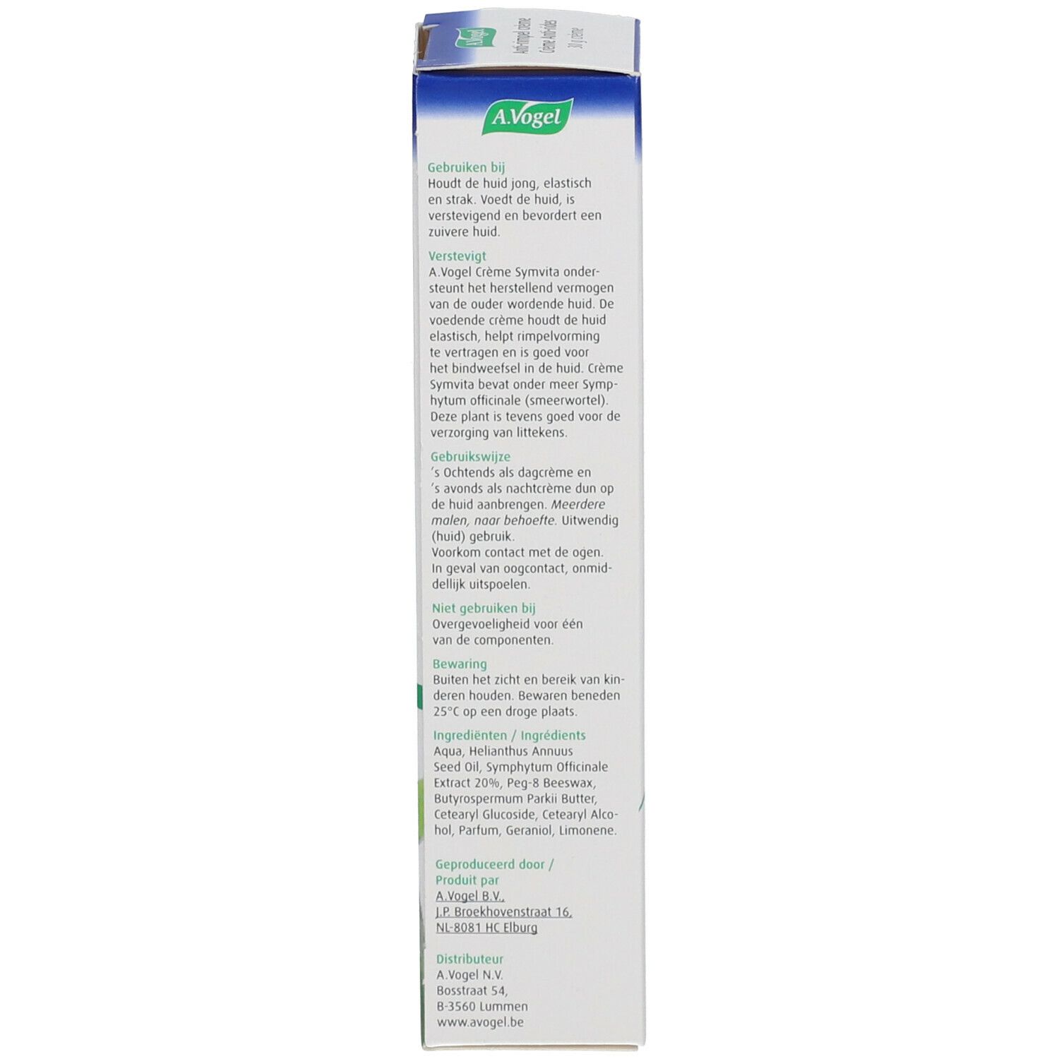 Dos de l'emballage de la crème anti-rides A.Vogel Symvita. Texte multilingue, ingrédients et utilisation.