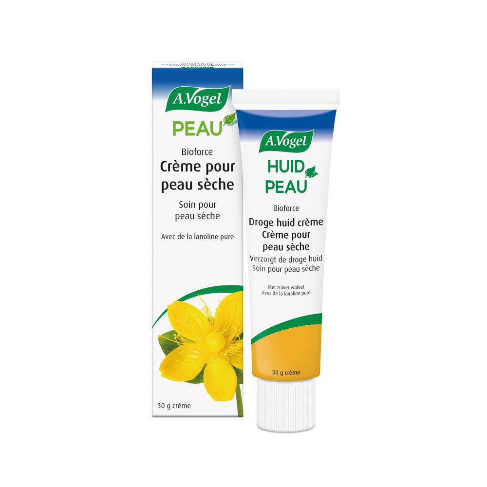A.Vogel Bioforce Crème et boîte. Texte: Crème pour peau sèche, Droge huid crème. 30 g. Fleur jaune.