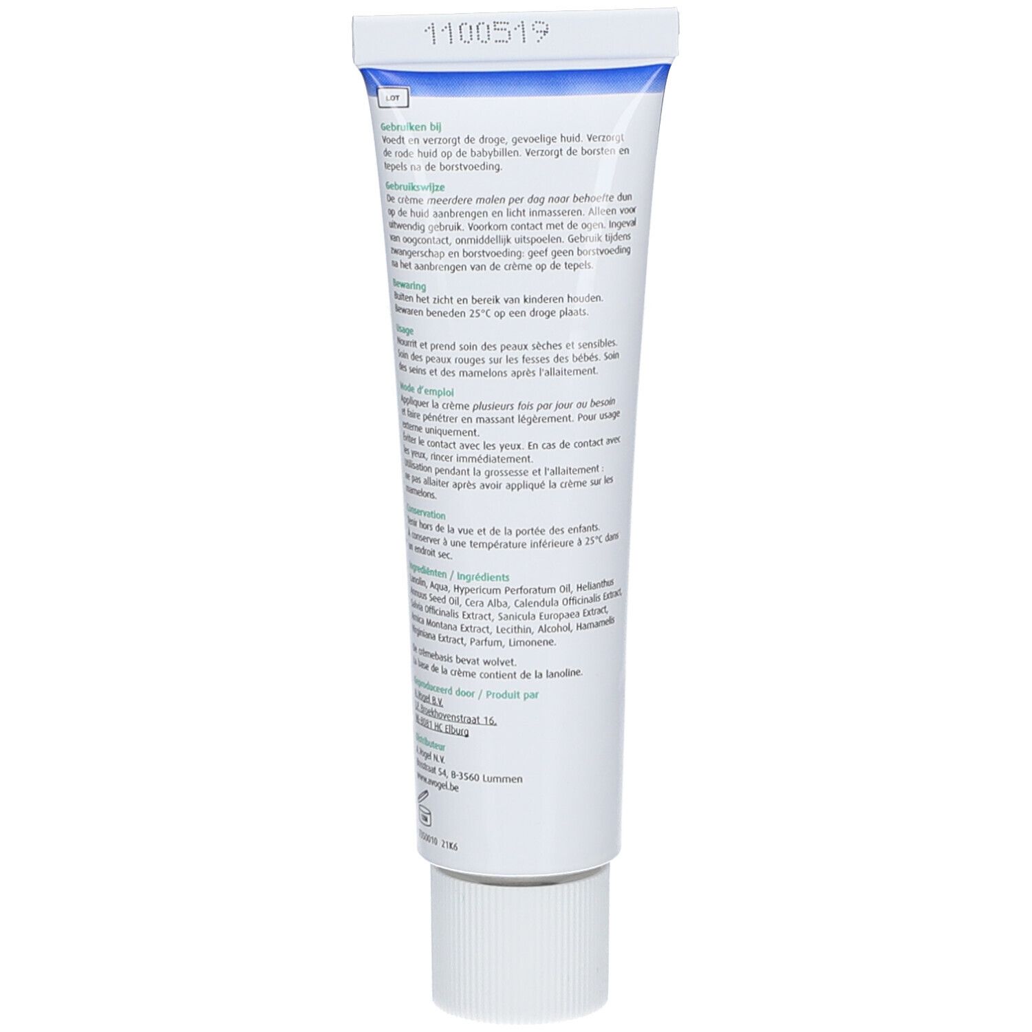 Rückseite der Creme-Tube mit Text in mehreren Sprachen. Enthält Informationen zu Inhaltsstoffen und Anwendung.