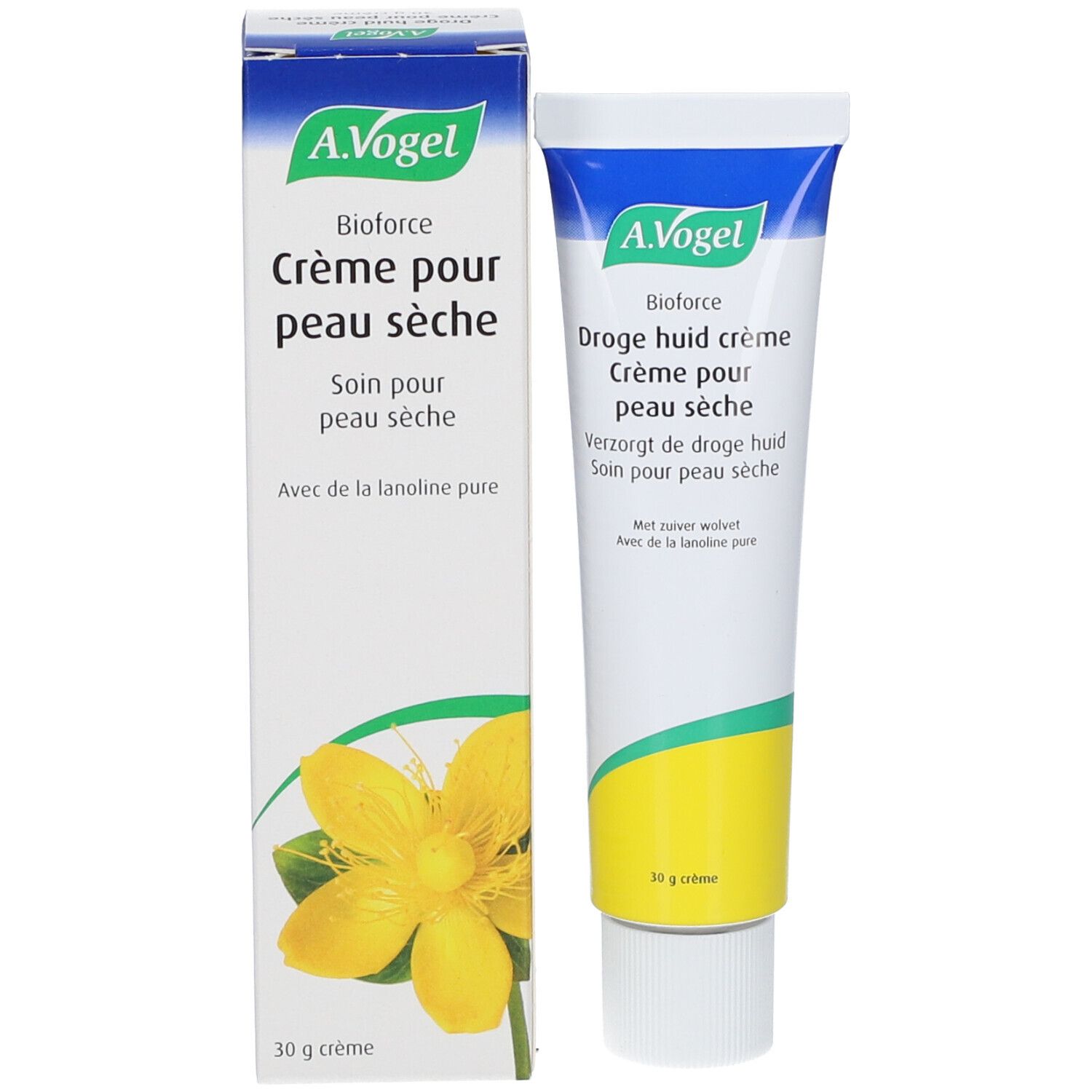 A.Vogel Bioforce Crème für trockene Haut. Tube und Schachtel. Auf der Schachtel eine gelbe Blume.