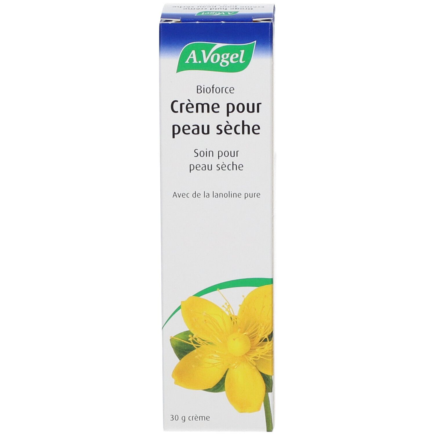 Schachtel mit A.Vogel Bioforce Crème für trockene Haut. Gelbe Blume und Produktinformationen.