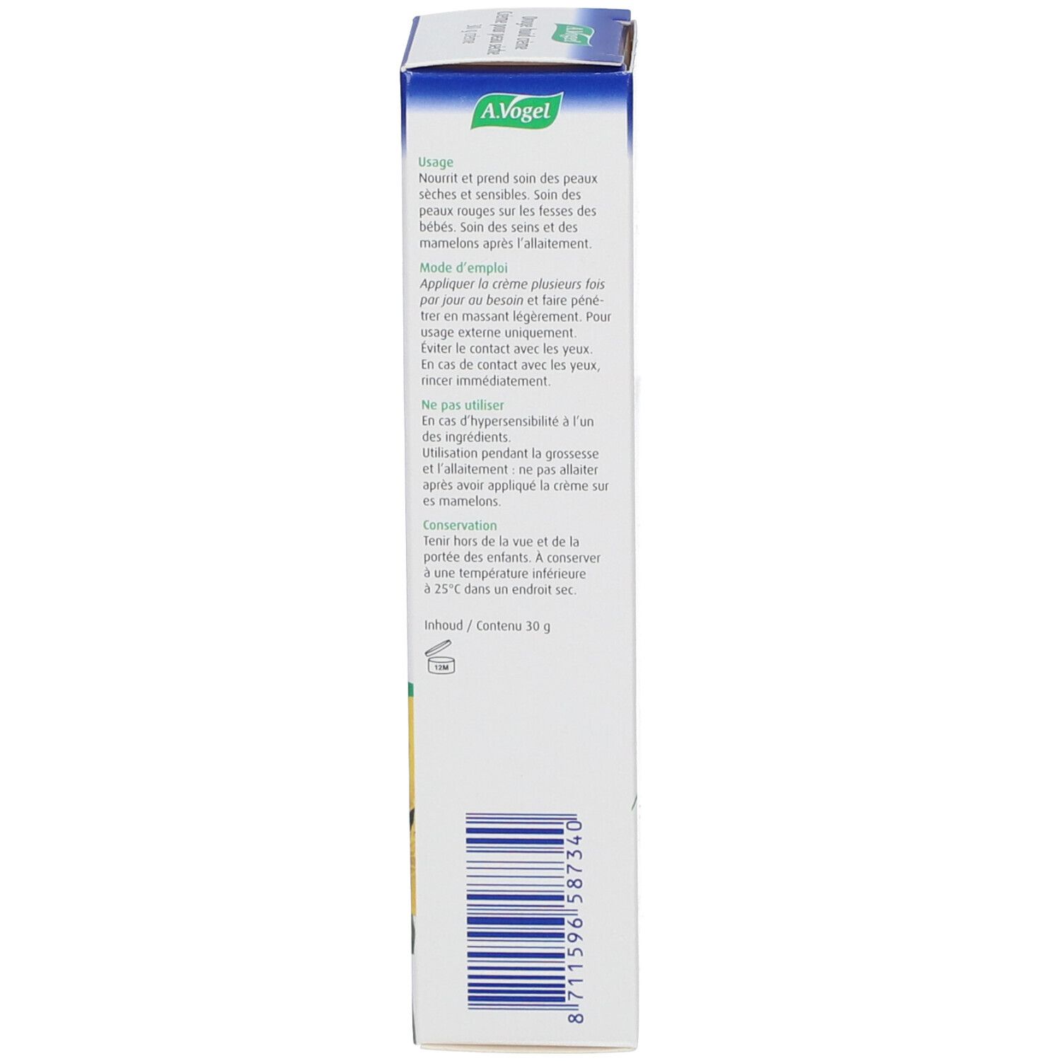 Seite der Schachtel mit A.Vogel Bioforce Crème. Text in mehreren Sprachen, Inhaltsstoffe und Anwendungshinweise.