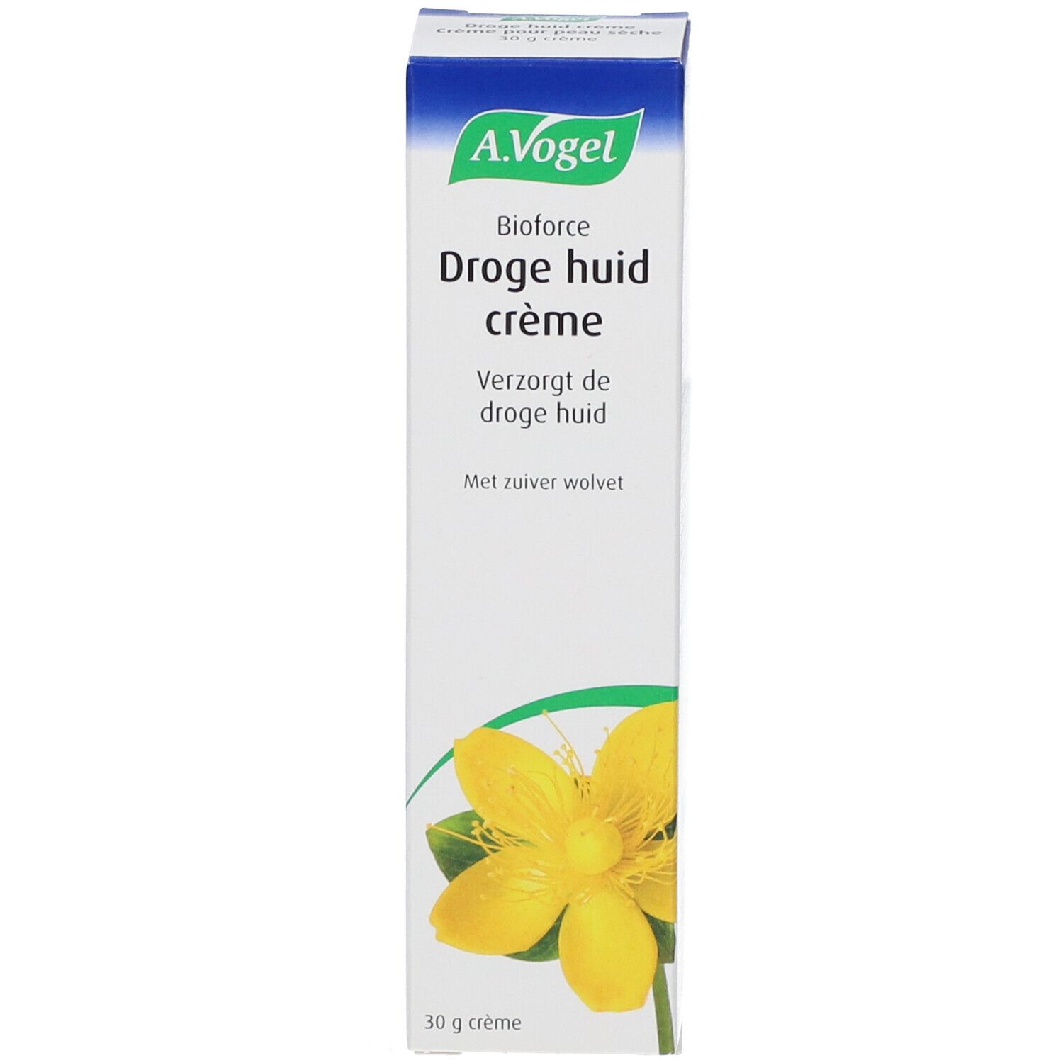 Schachtel mit A.Vogel Bioforce Crème für trockene Haut. Produktname und gelbe Blume.