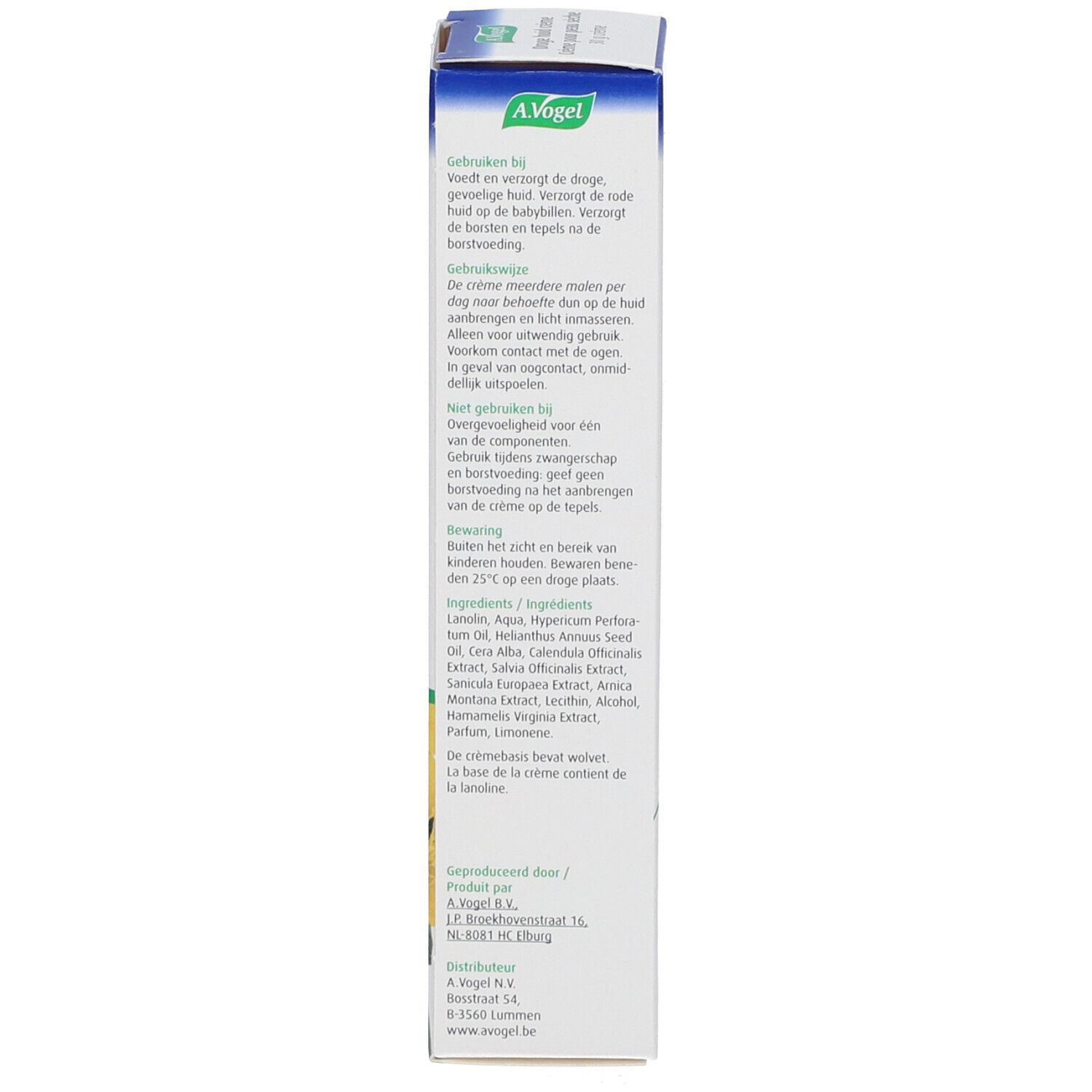 Seite der Schachtel mit A.Vogel Bioforce Crème. Enthält Inhaltsstoffe, Anwendung und Herstellerinformationen.