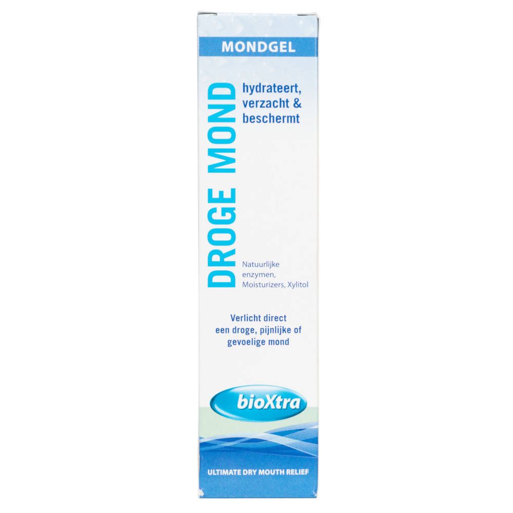 Verpackung von Bioxtra Mundgel. Aufschrift: Droge Mond, hydratisiert, schützt. Logo Bioxtra.