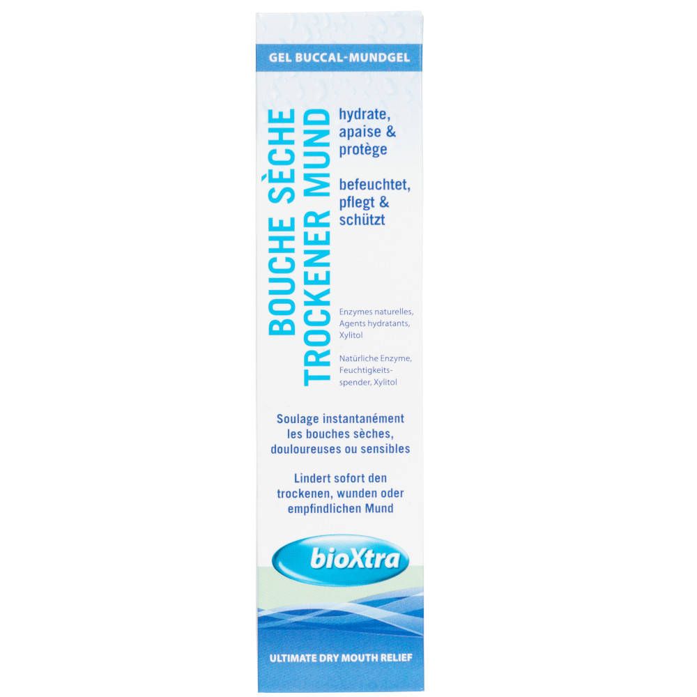Schmale Verpackung von Bioxtra Mundgel. Aufschrift: Bouche Seche, Trockener Mund, hydratisiert, schützt. Logo Bioxtra.