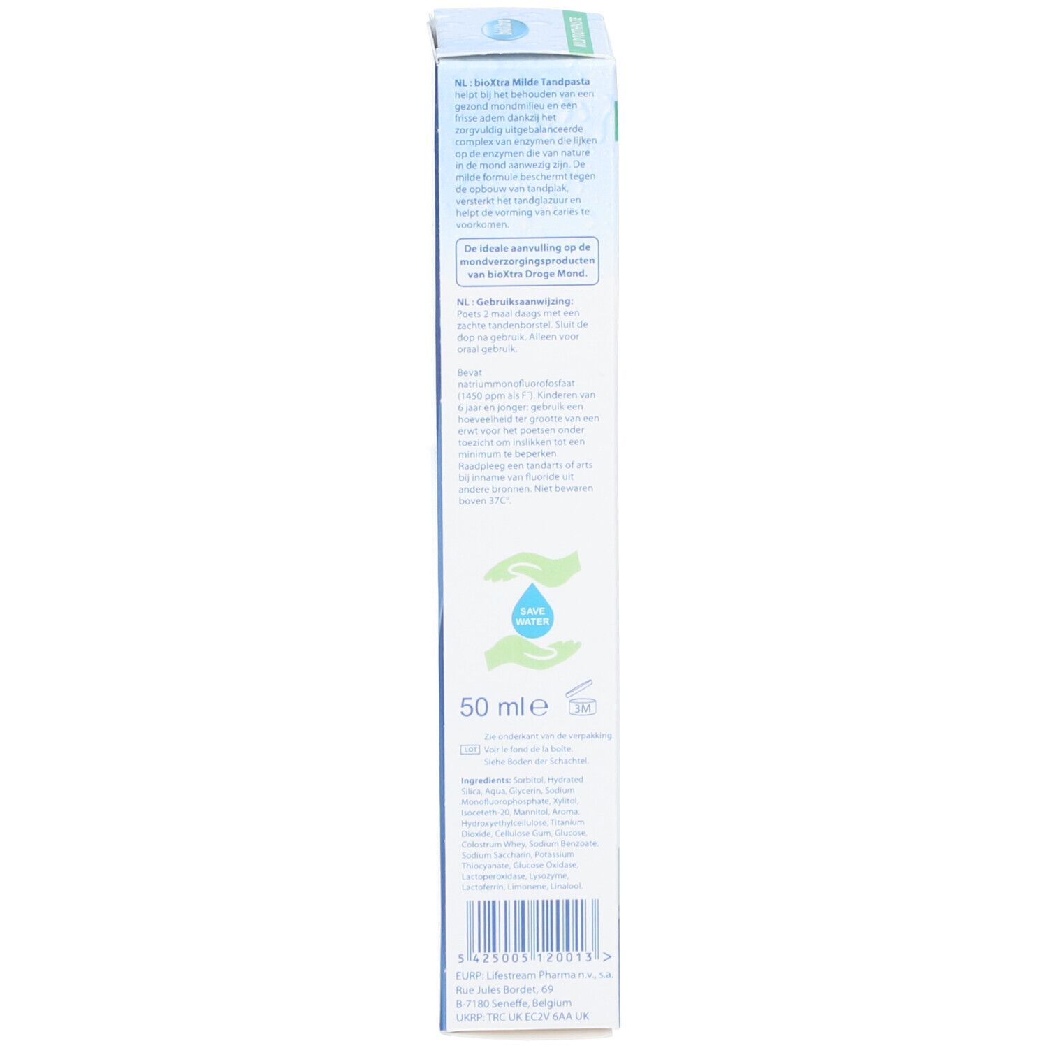 Achterkant van de doos. Tekst in meerdere talen. Bevat 50ml. Met handen en waterdruppel symbool.