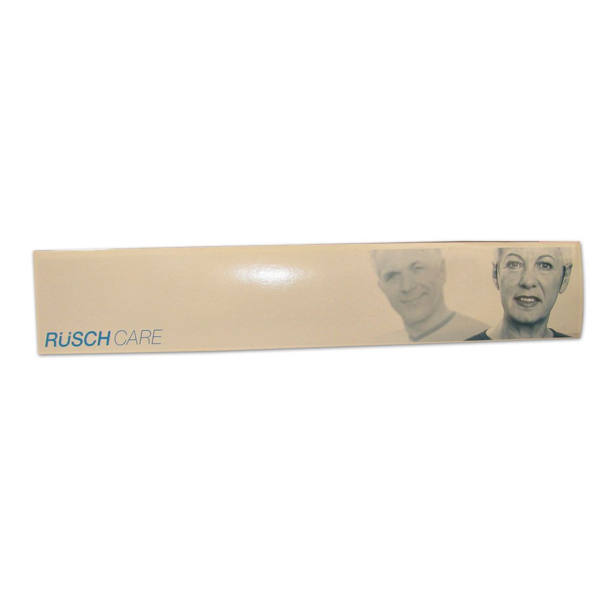 Beige productverpakking. Opschrift "RÜSCH CARE" in blauw. Afbeelding van twee personen.
