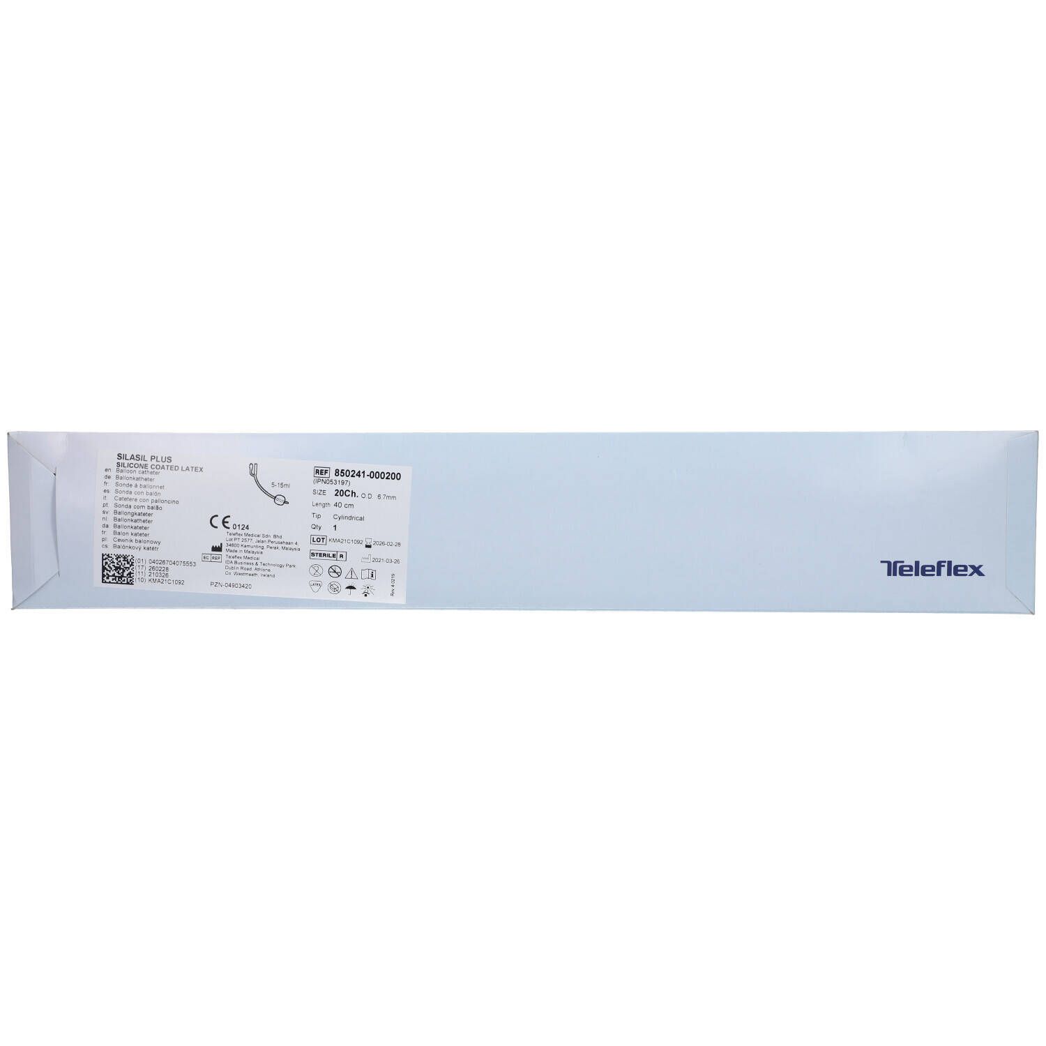 Verpakking met productinformatie en CE-markering. Opschrift: Silasil+ CH20. Merk Teleflex.