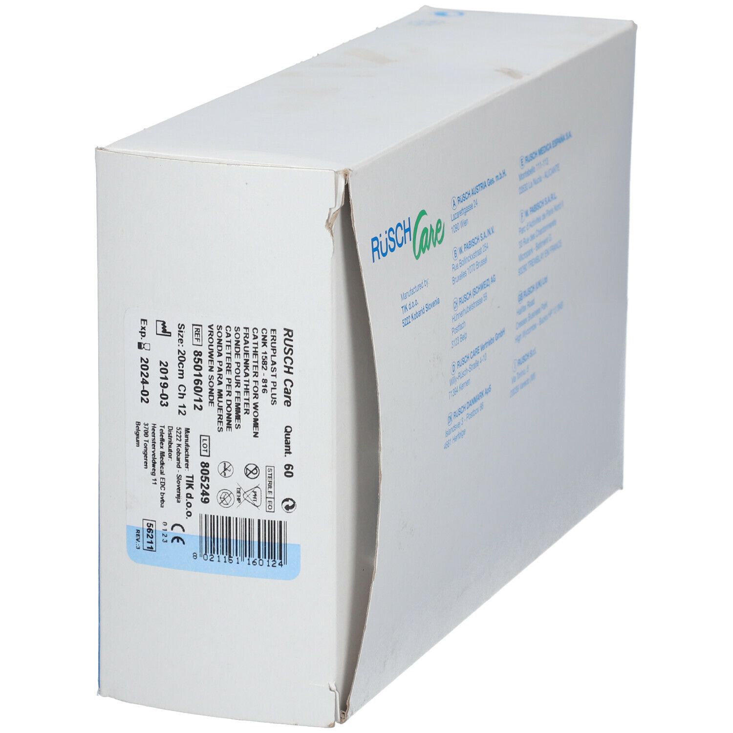 Boîte de produits médicaux. Inscription : Rüsch Care. Informations et code-barres sur le côté.