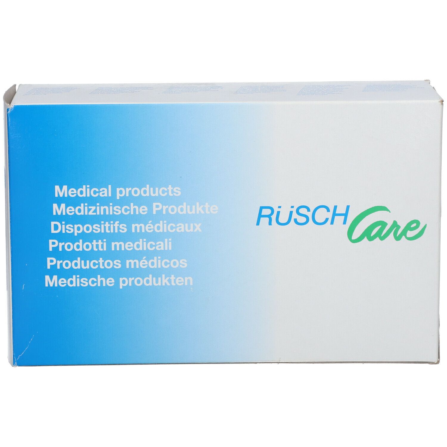 Boîte de produits médicaux. Inscription : Rüsch Care. Logo et nom du produit sur le devant.