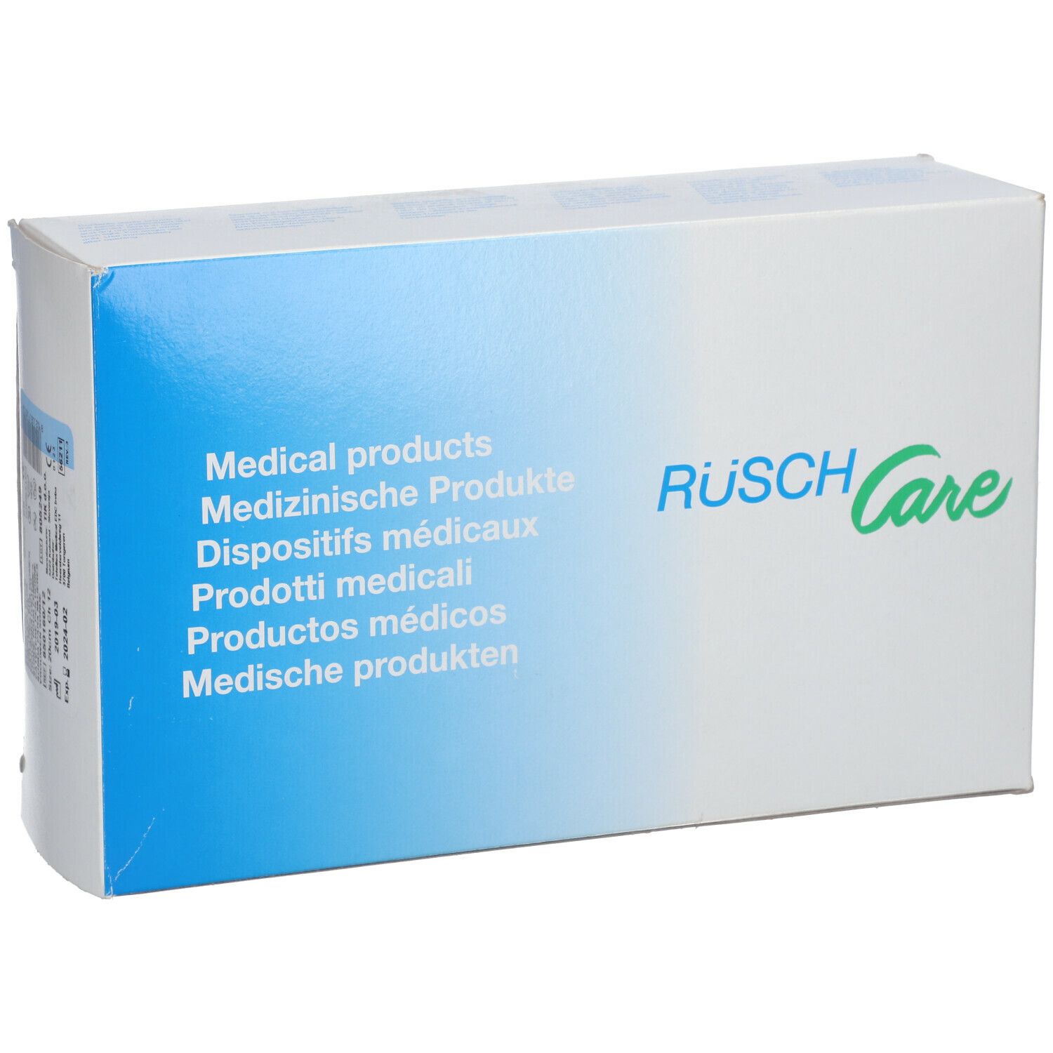 Boîte de produits médicaux. Inscription : Rüsch Care. Logo et nom du produit sur le devant.