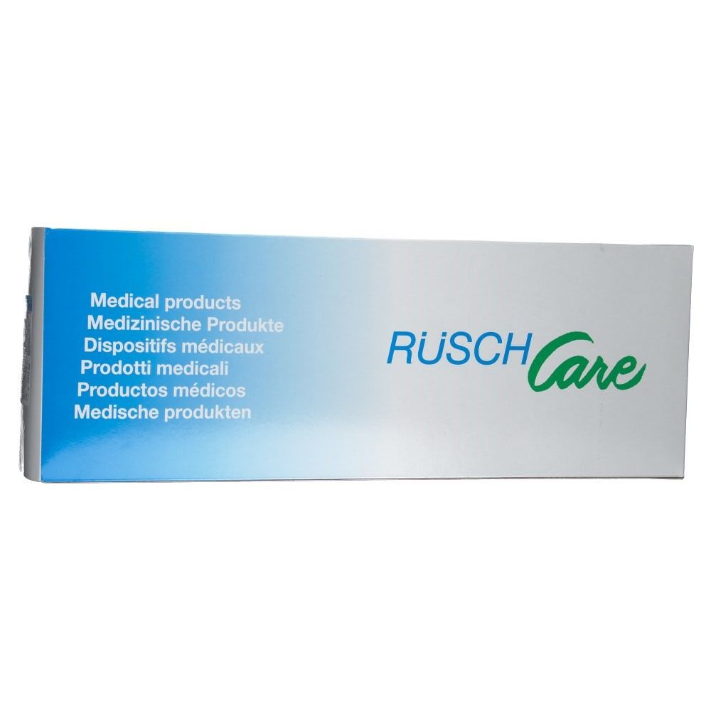 Wit en blauwe verpakking. Opschrift: RÜSCH Care. Tekst: Medical products, Medizinische Produkte, Dispositifs médicaux, Prodotti medicali, Productos médicos, Medische producten.