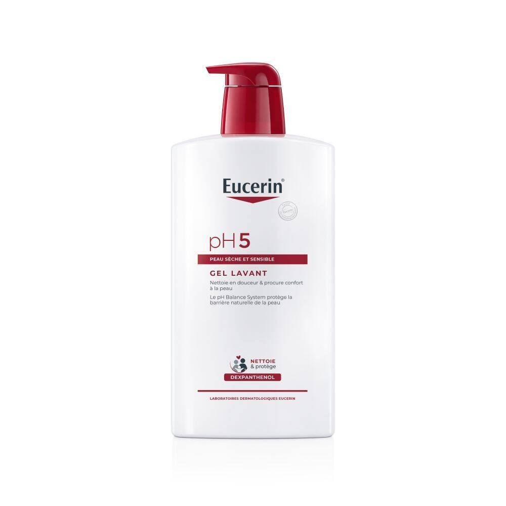 Eucerin pH5 Gel Lavant. Flacon blanc avec pompe rouge. Texte: pH5, peau sèche et sensible. Logo.