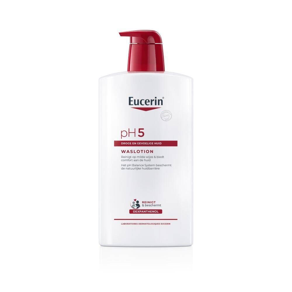 Eucerin pH5 Waslotion. Witte fles met rode pomp. Tekst: pH5, voor de gevoelige huid. Logo.