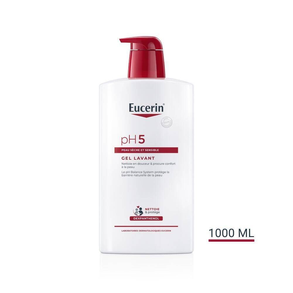 Eucerin pH5 Gel Lavant. Flacon blanc avec pompe rouge. Texte: pH5. Inscription: 1000 ml.