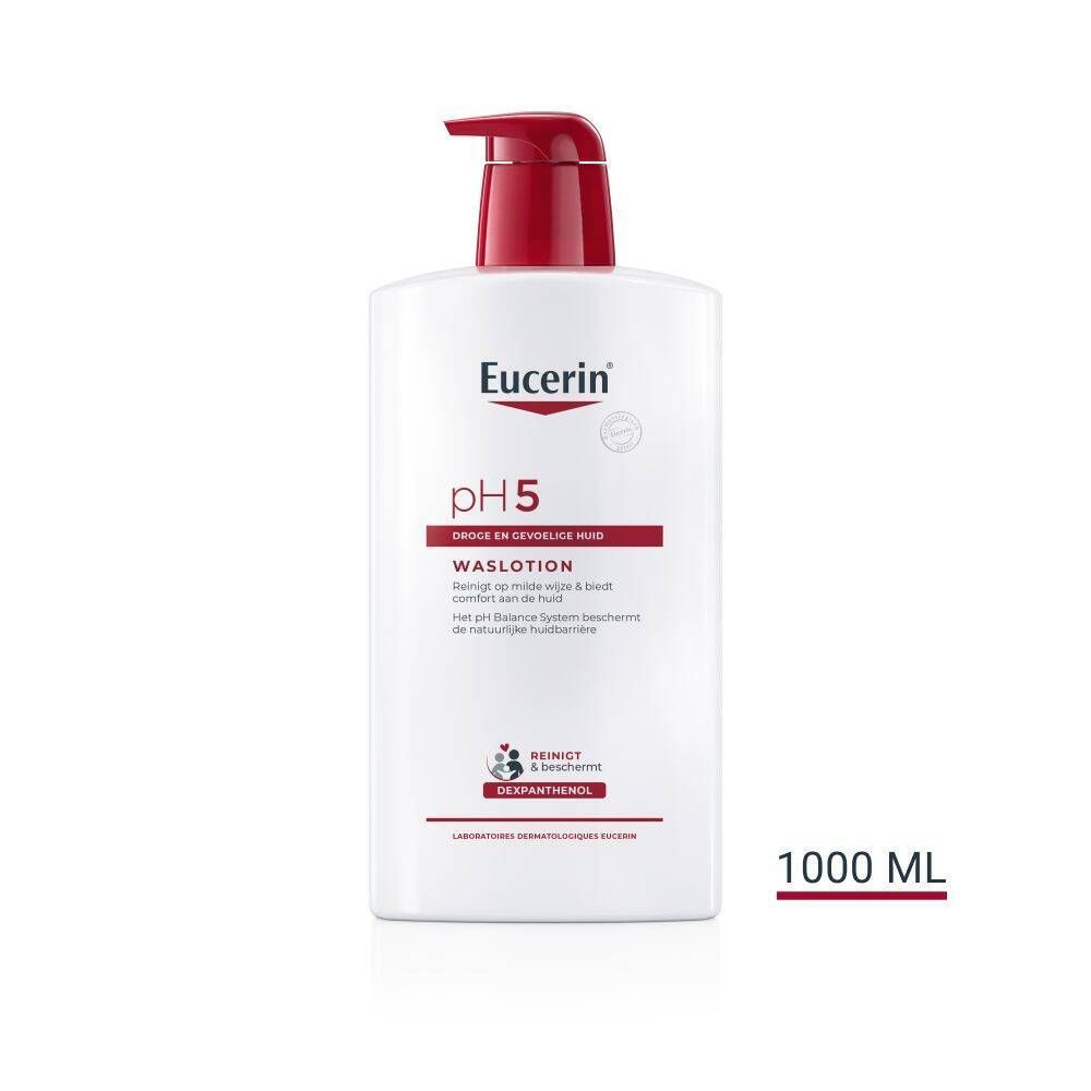 Eucerin pH5 Waslotion. Witte fles met rode pomp. Tekst: pH5. Opschrift: 1000 ml.