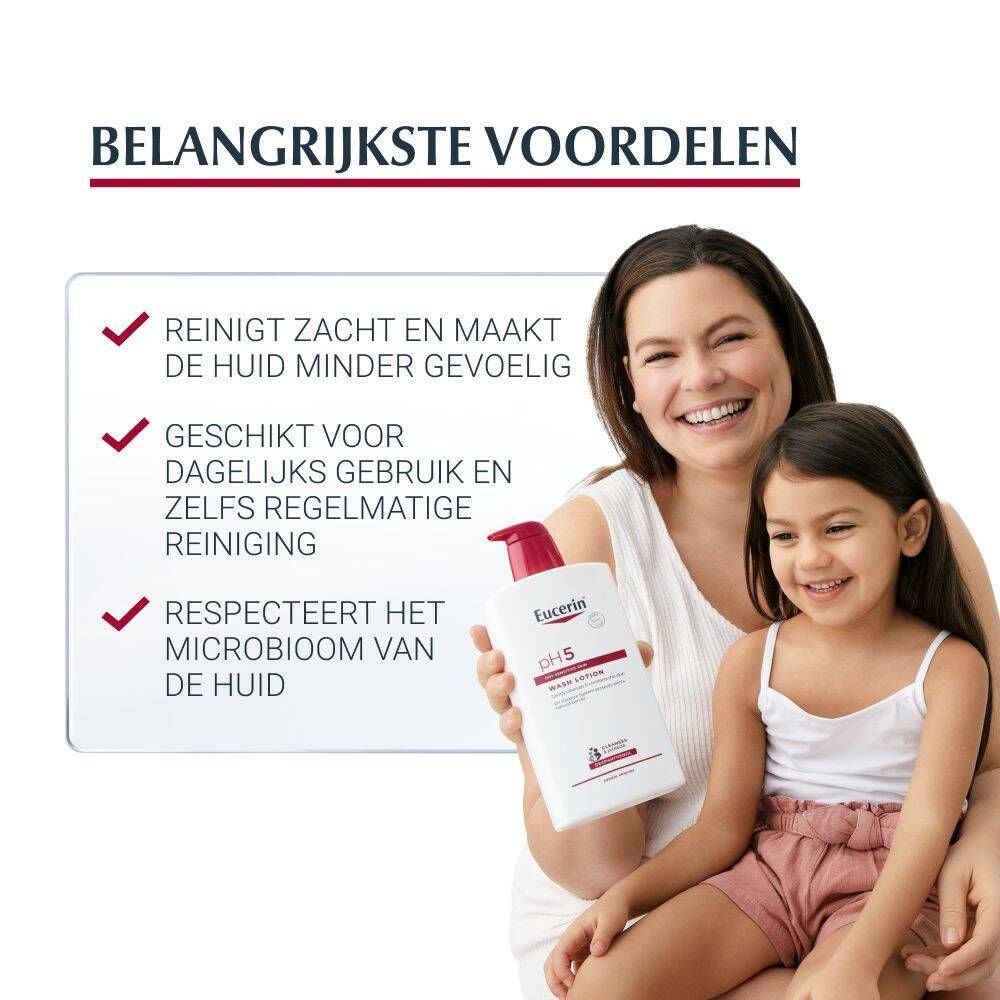 Vrouw en kind houden Eucerin pH5 Waslotion vast. Tekst: Voordelen: zachte reiniging, gevoelige huid, frequent wassen.