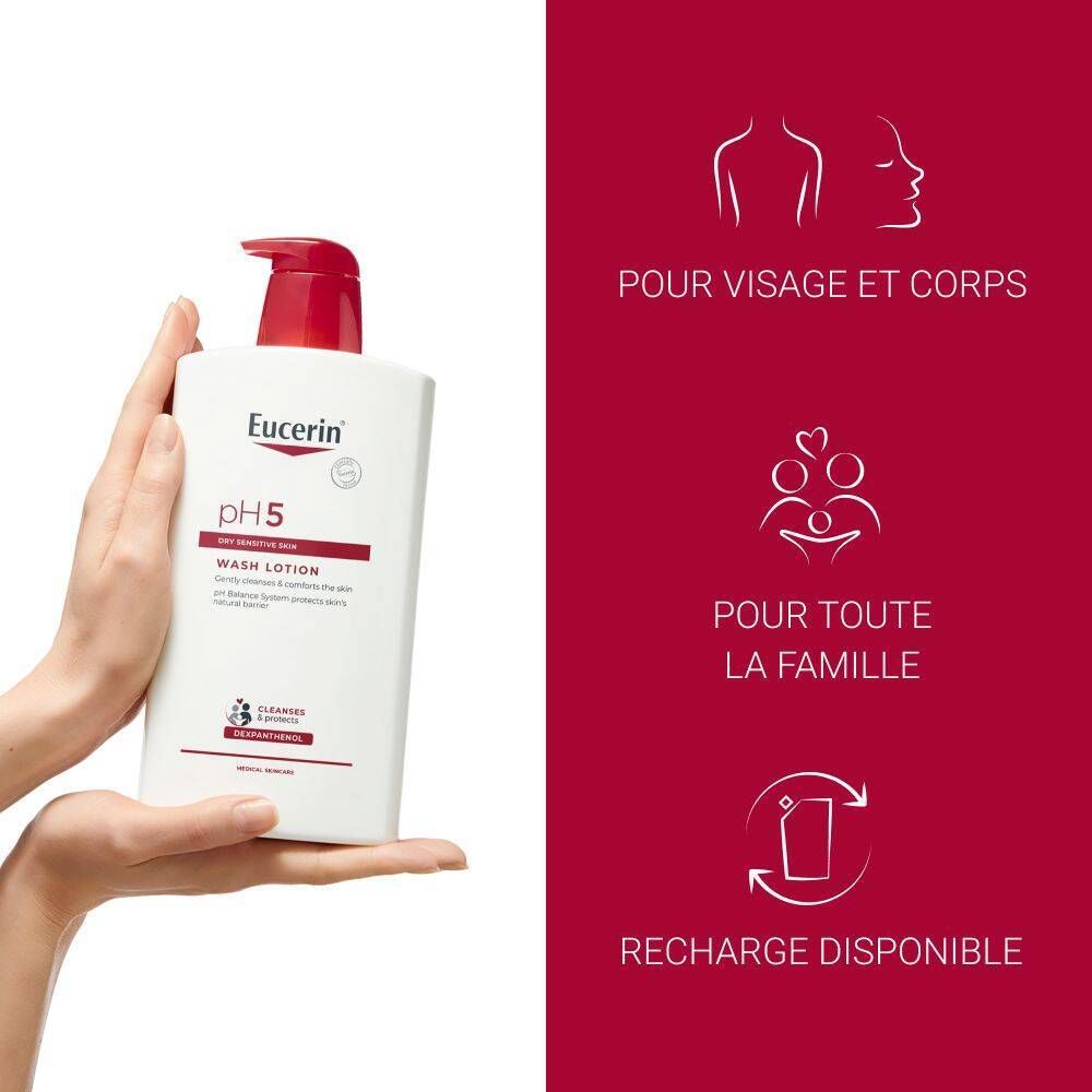 Main tenant Eucerin pH5 Gel Lavant. Texte: Pour visage et corps, pour toute la famille, recharge disponible.