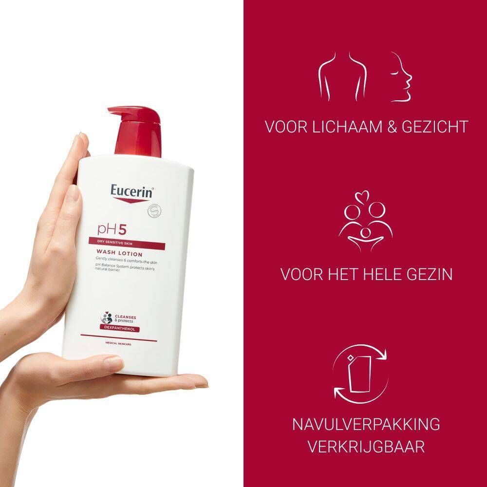 Hand houdt Eucerin pH5 Waslotion vast. Tekst: Voor lichaam & gezicht, voor het hele gezin, navulverpakking verkrijgbaar.