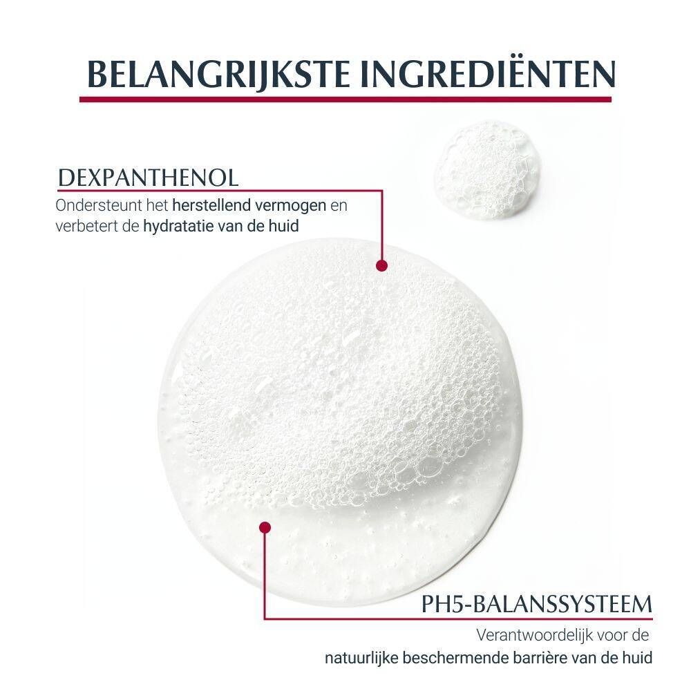 Close-up van schuim. Tekst: Belangrijkste ingrediënten: Dexpanthenol, pH5-balanssysteem.