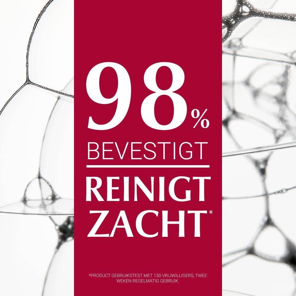 Tekst op rode achtergrond: 98% bevestigen zachte reiniging. Schuim reinigt zacht.