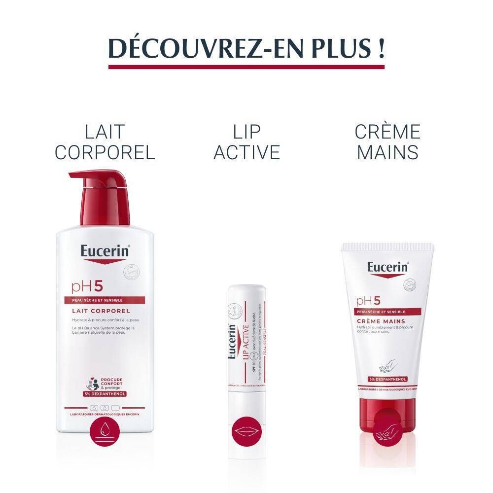 Produits Eucerin: pH5 Gel Lavant, Lip Active, Crème Mains. Tous avec un accent rouge.
