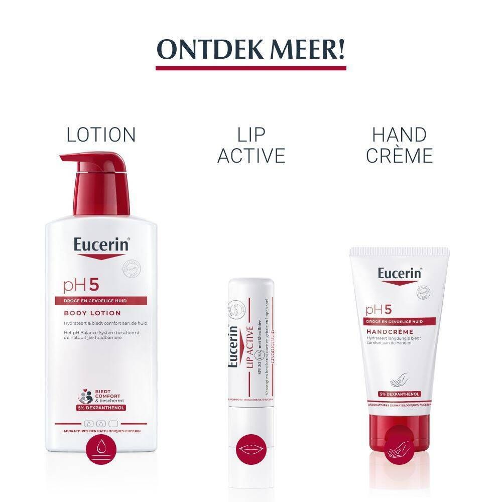 Eucerin producten: Lotion, Lip Active, Handcrème. Alle met rode accenten.