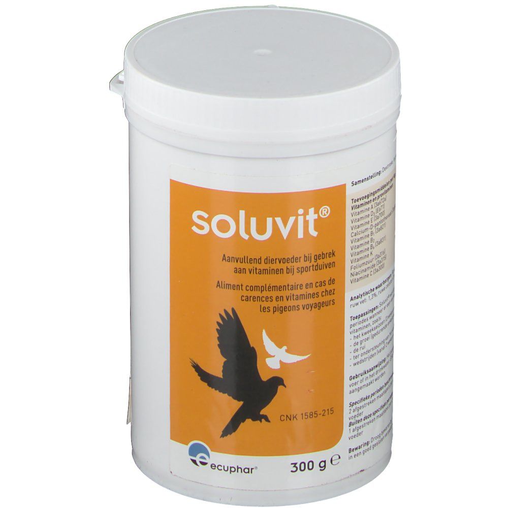 Récipient blanc avec couvercle. Étiquette orange avec nom du produit et silhouette d'oiseau. Inscription : Soluvit.