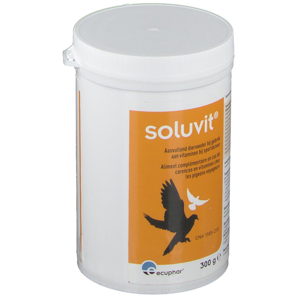 Récipient blanc avec couvercle. Étiquette orange avec nom du produit et silhouette d'oiseau. Inscription : Soluvit.
