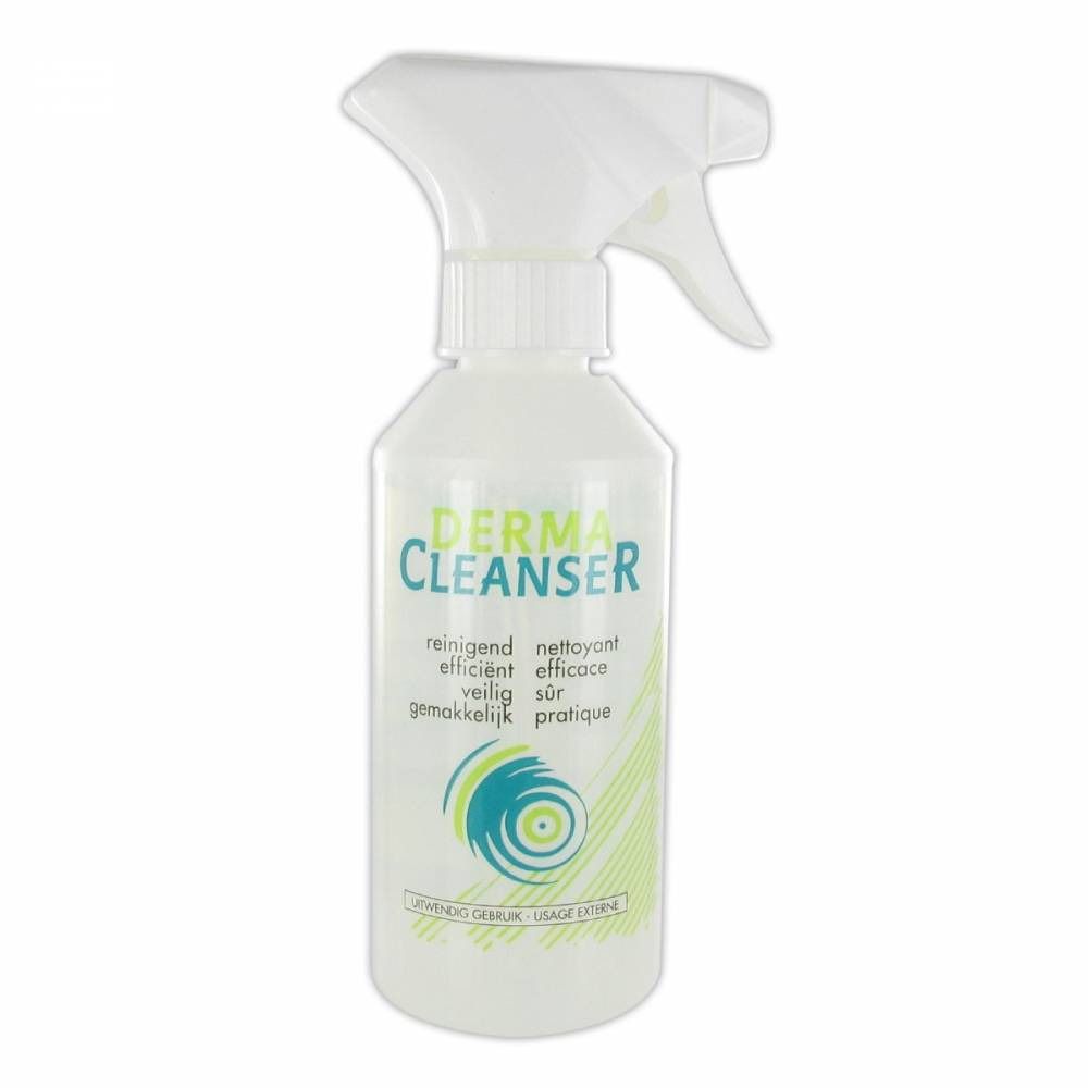 Flacon pulvérisateur blanc avec étiquette verte et bleue. Inscription : Derma Cleanser. Mots supplémentaires : nettoyant, efficace, sûr, pratique.