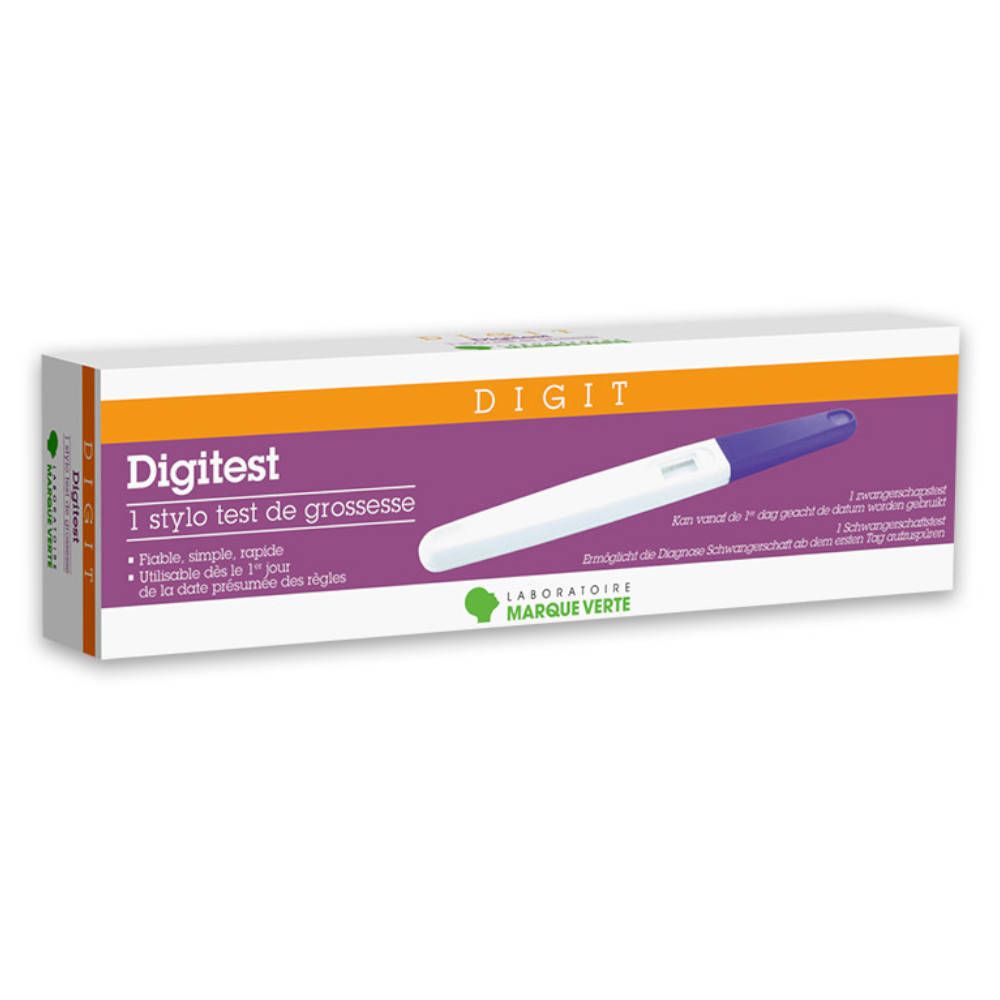 Boîte de test de grossesse. Inscription: Digitest, 1 stylo test de grossesse. Couleurs: violet, blanc et orange.